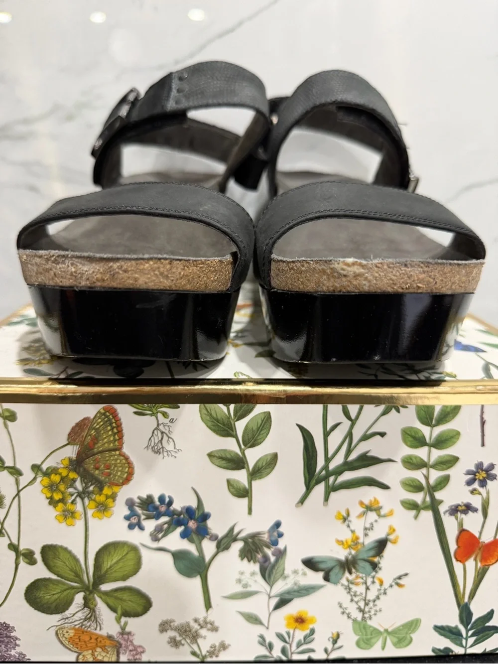 Naot Black Leather Platform Wedge Sandal with Ankle Buckle